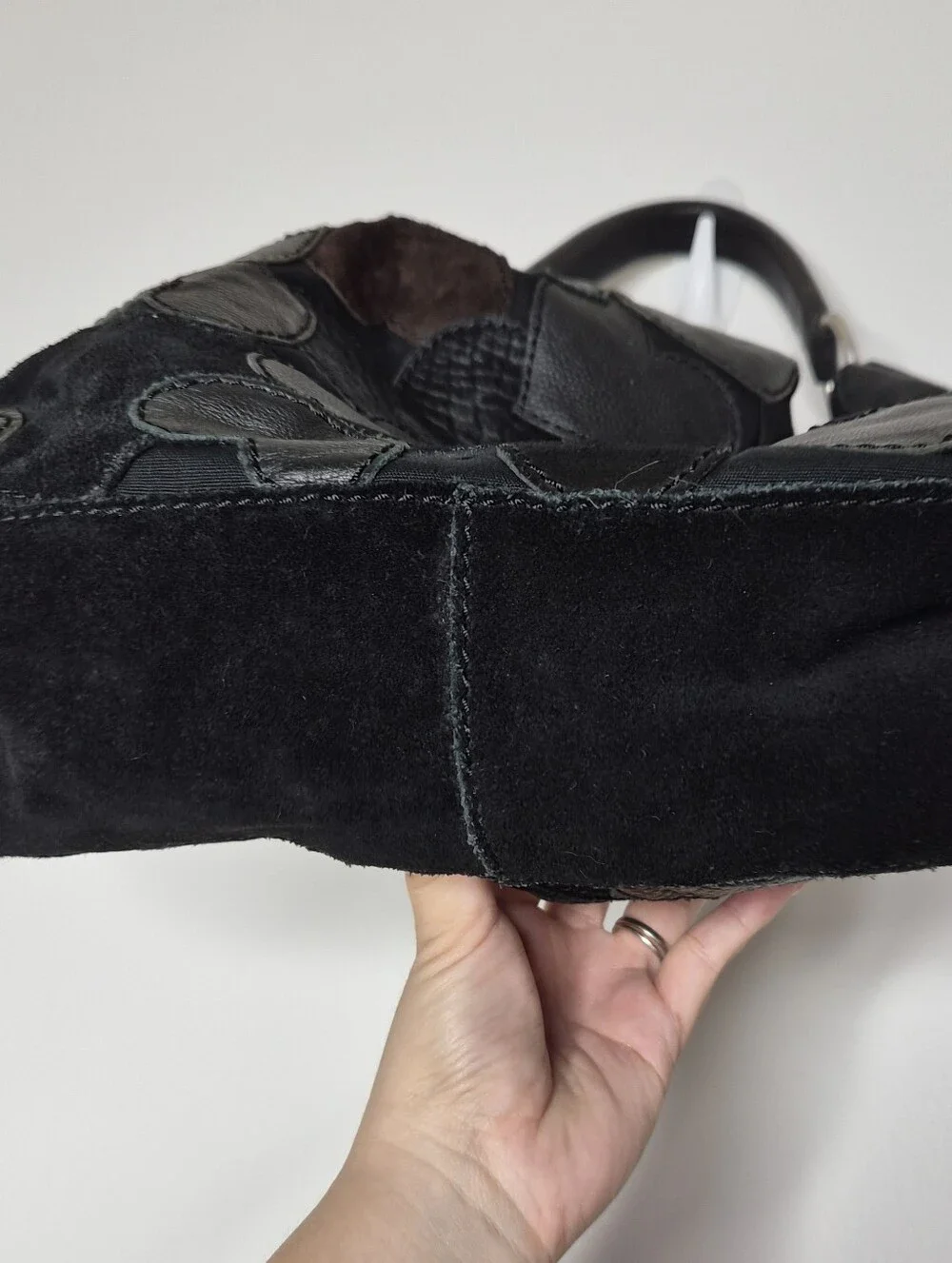 Lucky Brand Vintage Y2K Mixed Media Leather Suede Heart Patchwork Hobo Bag